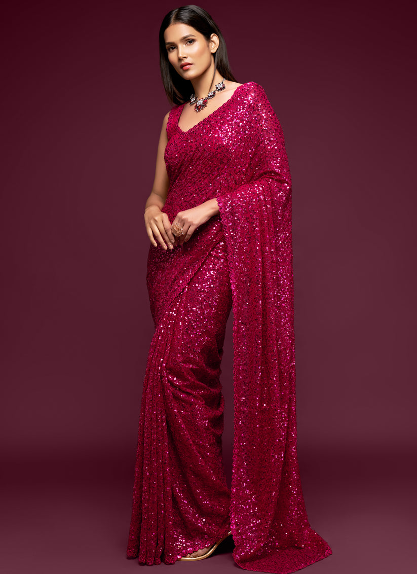Hot Pink Georgette Thread and Sequins Embroidery Saree