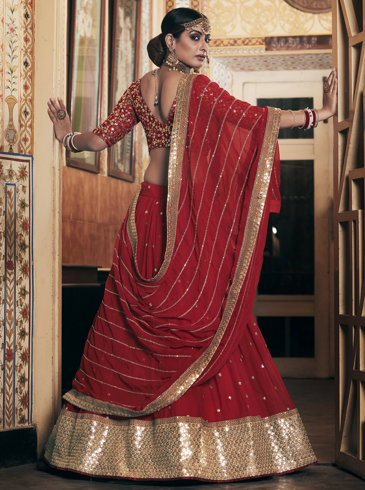 Cherry Red Georgette Embroidered Designer Ready To Wear Lehenga Choli