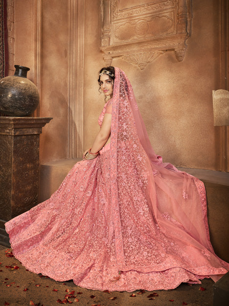 Coral Pink Net Embroidered Designer Lehenga Choli