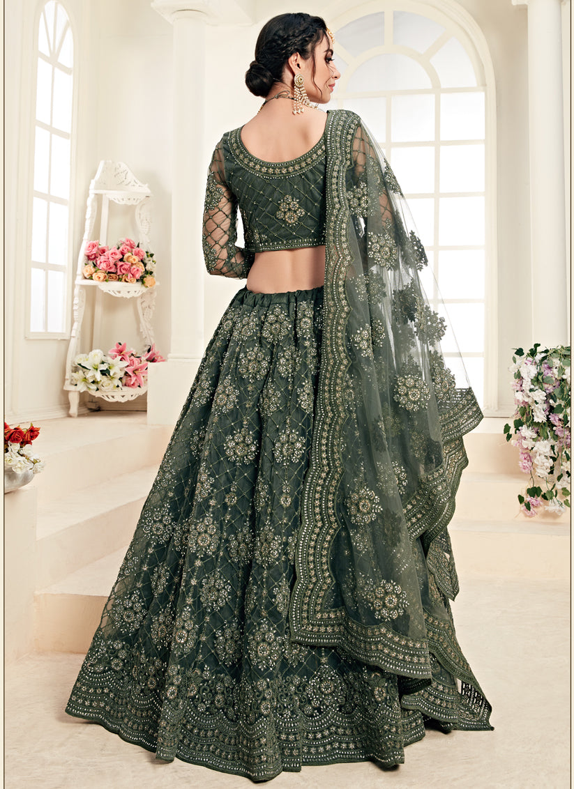 Moss Green Net Embroidered Designer Lehenga Choli