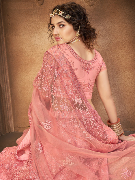 Coral Pink Net Embroidered Designer Lehenga Choli