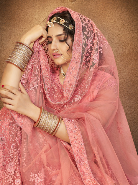 Coral Pink Net Embroidered Designer Lehenga Choli