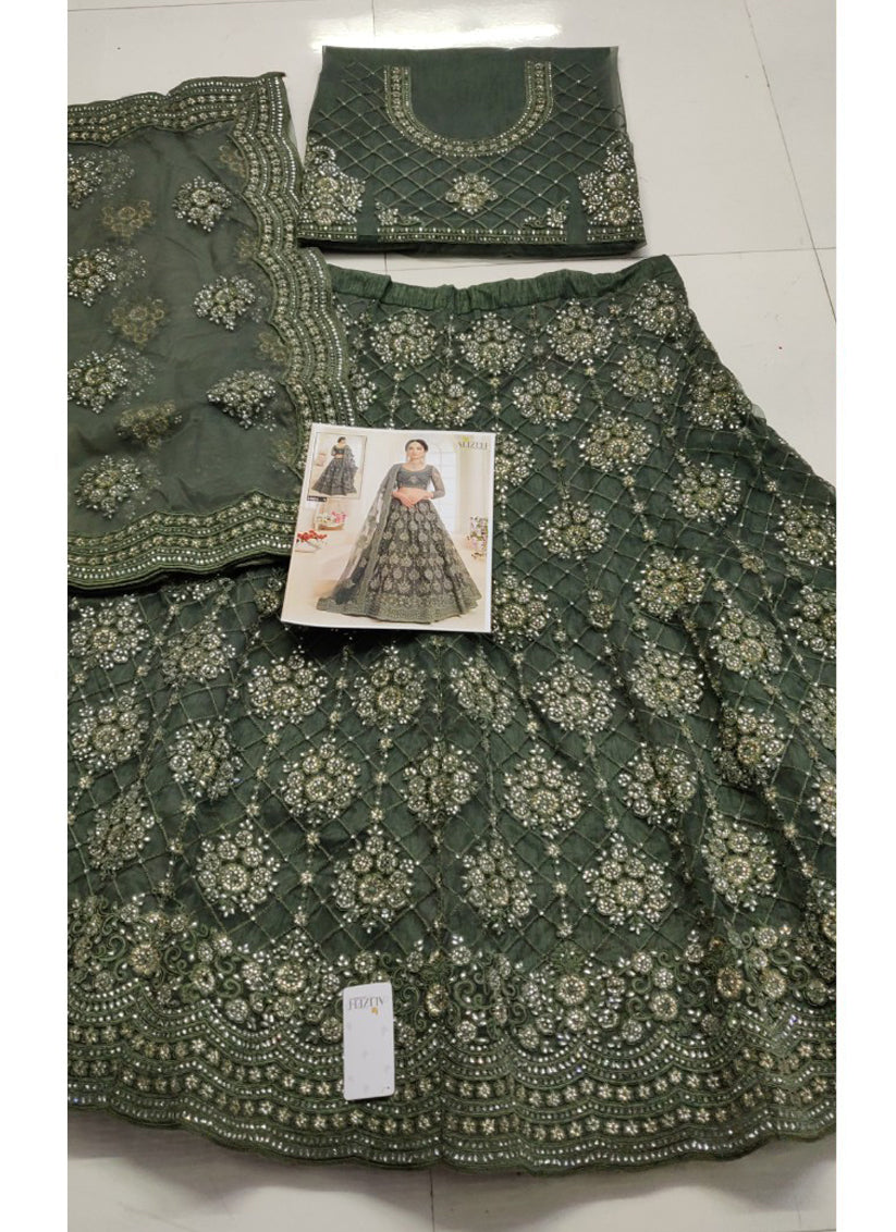 Moss Green Net Embroidered Designer Lehenga Choli