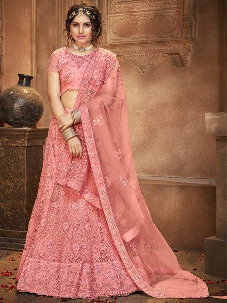 Coral Pink Net Embroidered Designer Lehenga Choli