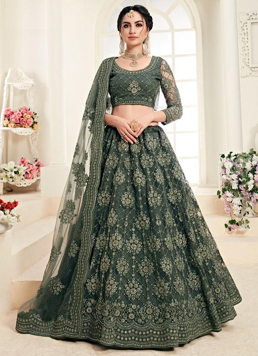 Moss Green Net Embroidered Designer Lehenga Choli