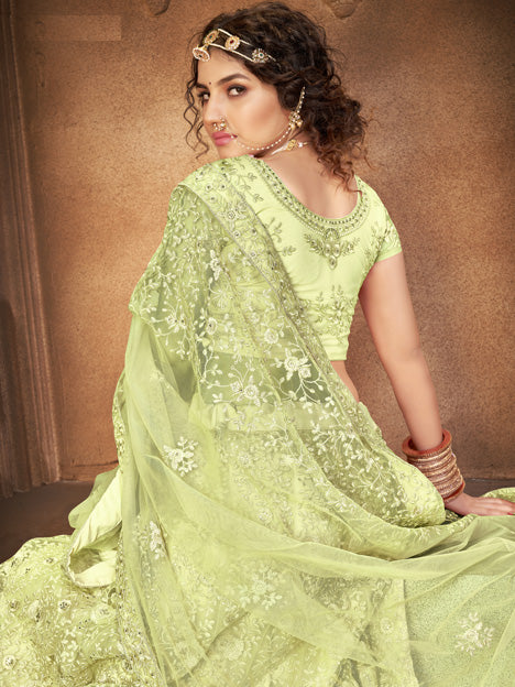 Pista Green Net Embroidered Designer Lehenga Choli