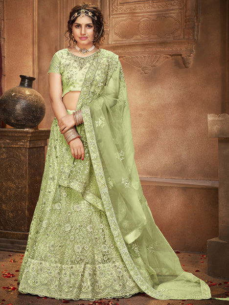 Pista Green Net Embroidered Designer Lehenga Choli