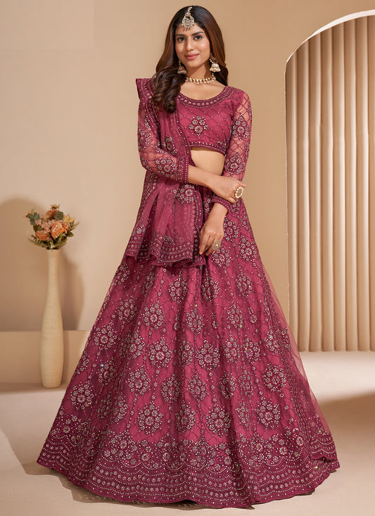 Mauve Pink Net Embroidered Bridal Lehenga Choli