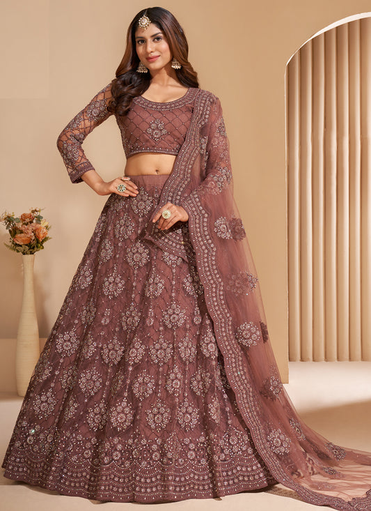 Brown Net Embroidered Bridal Lehenga Choli