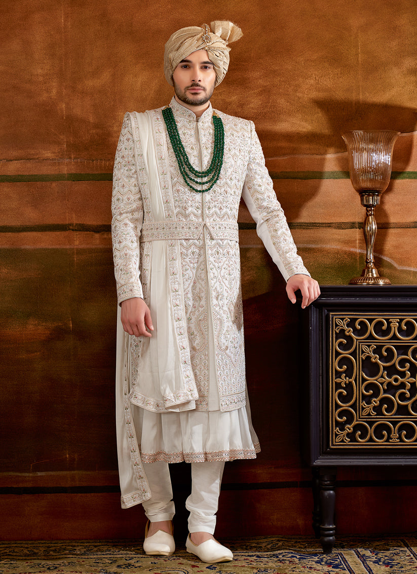 White Art Silk Embroidered Designer Sherwani with Stole