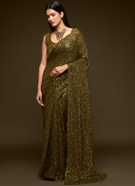 Olive Green Georgette Thread and Sequins Embroidery Saree