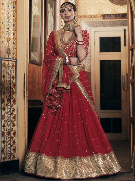 Cherry Red Georgette Embroidered Designer Ready To Wear Lehenga Choli