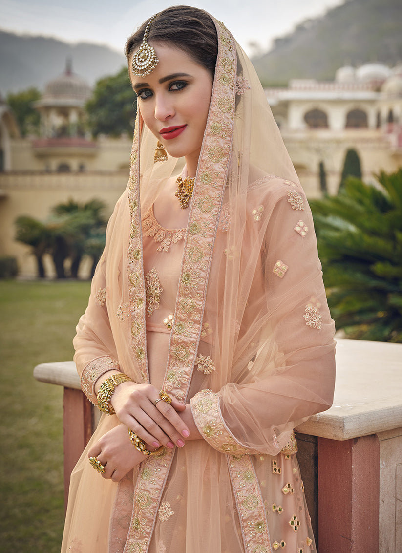 Peach Net Embroidered Wedding Lehenga Choli