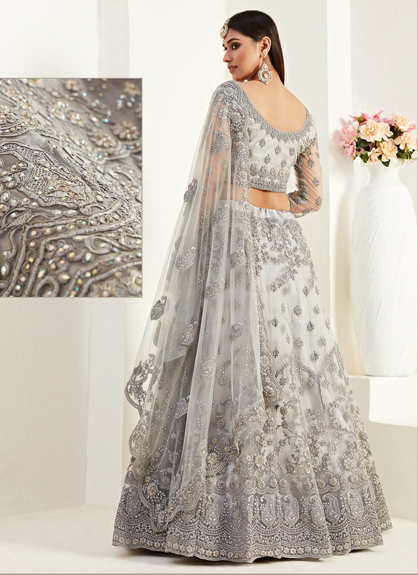 Pearl Grey Net Embroidered Bridal Lehenga Choli