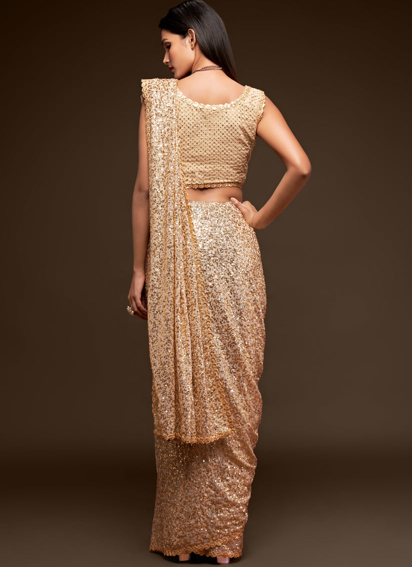 Ivory Georgette Thread and Sequins Embroidery Saree
