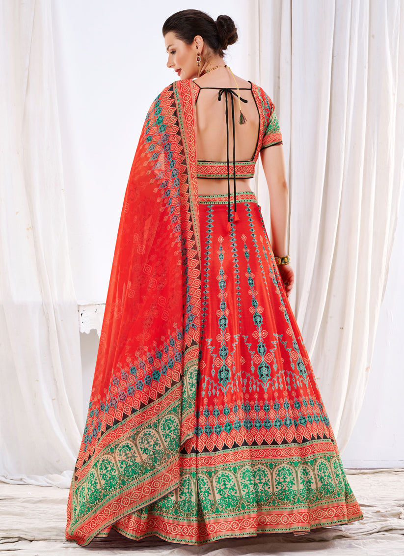 Red Chinnon Printed Lehenga Choli