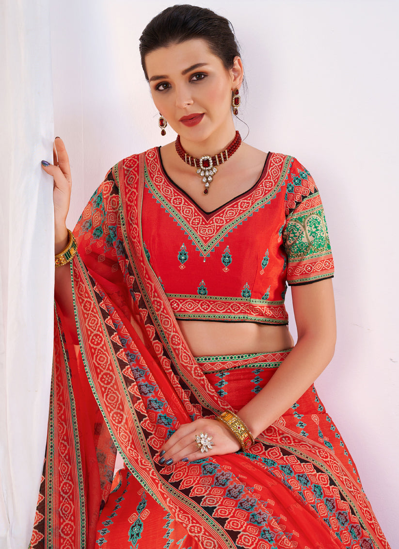 Red Chinnon Printed Lehenga Choli