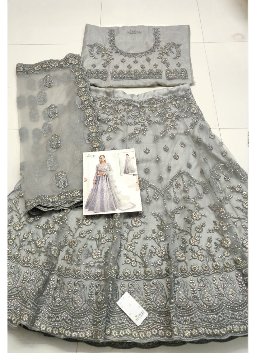 Pearl Grey Net Embroidered Bridal Lehenga Choli