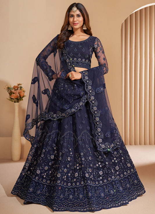 Navy Blue Net Embroidered Bridal Lehenga Choli