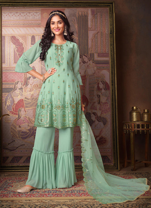 Aquamarine Georgette Sequence Ready Made Sarara Kameez