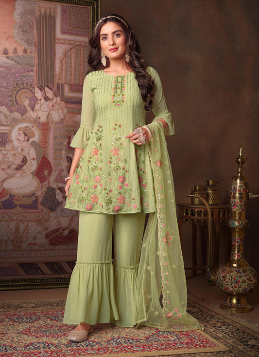 Pastel Green Georgette Sequence Ready Made Sarara Kameez