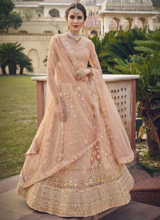Peach Net Embroidered Wedding Lehenga Choli