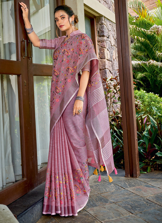 Mauve Linen Kashmiri work Saree