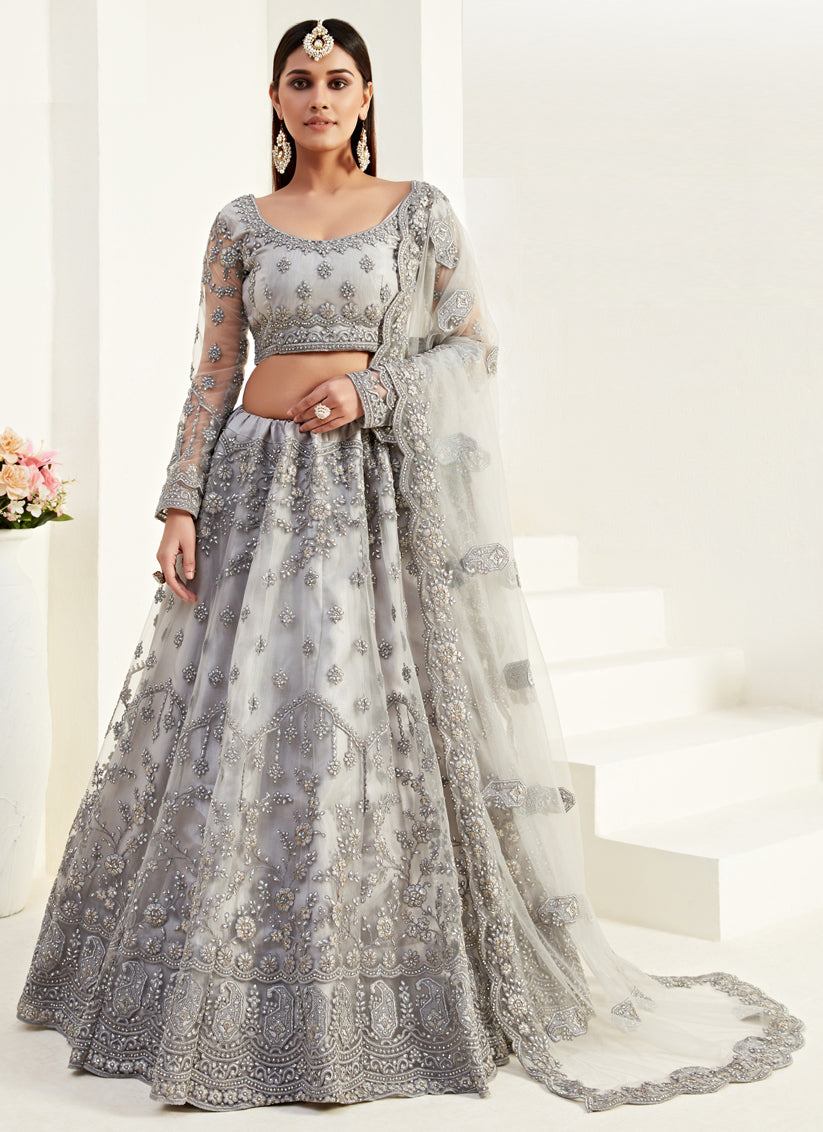 Pearl Grey Net Embroidered Bridal Lehenga Choli