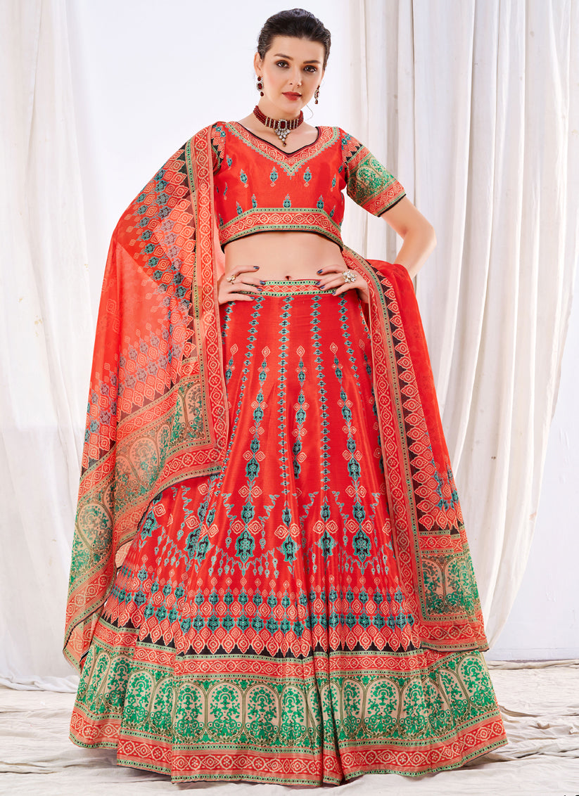 Red Chinnon Printed Lehenga Choli