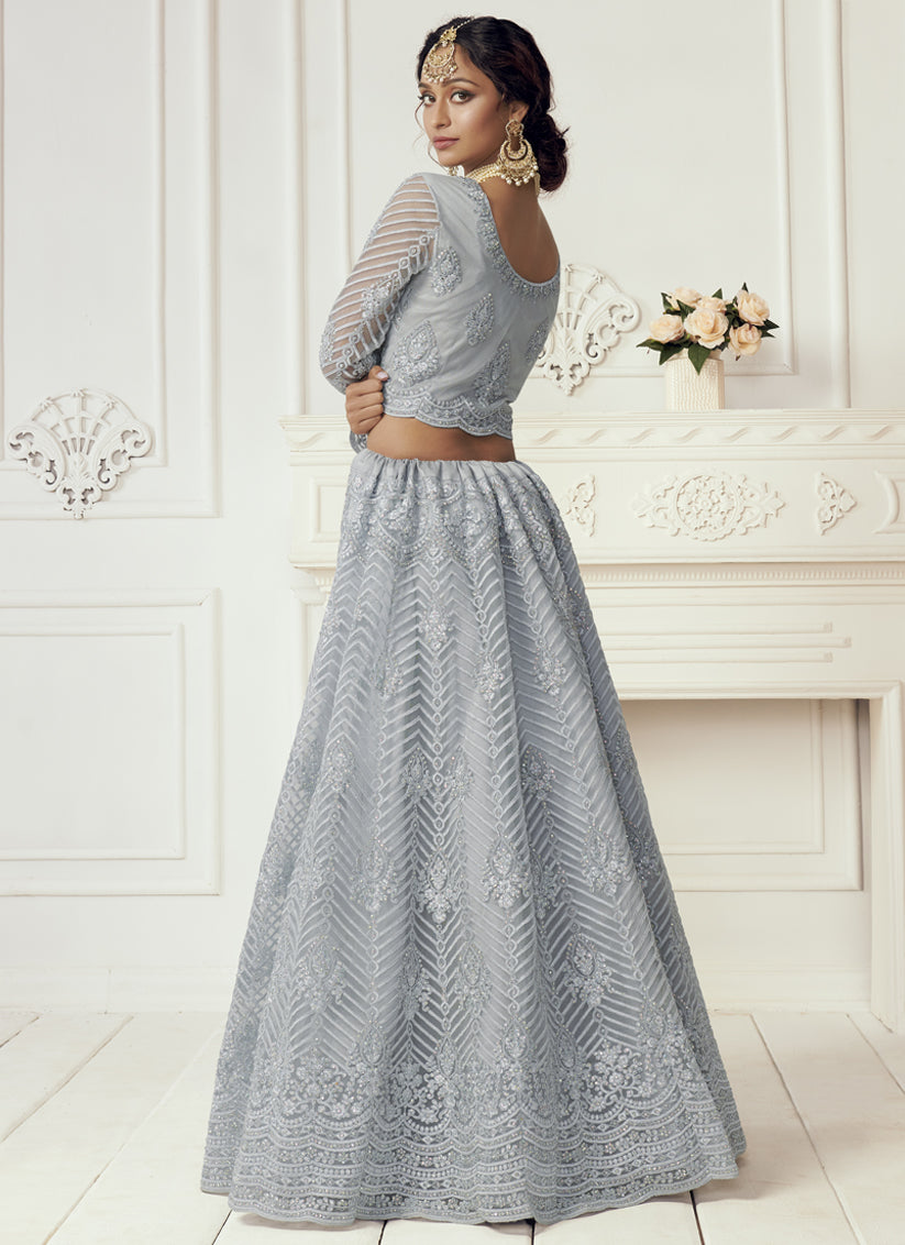 Sky Grey Net Embroidered Bridal Lehenga Choli