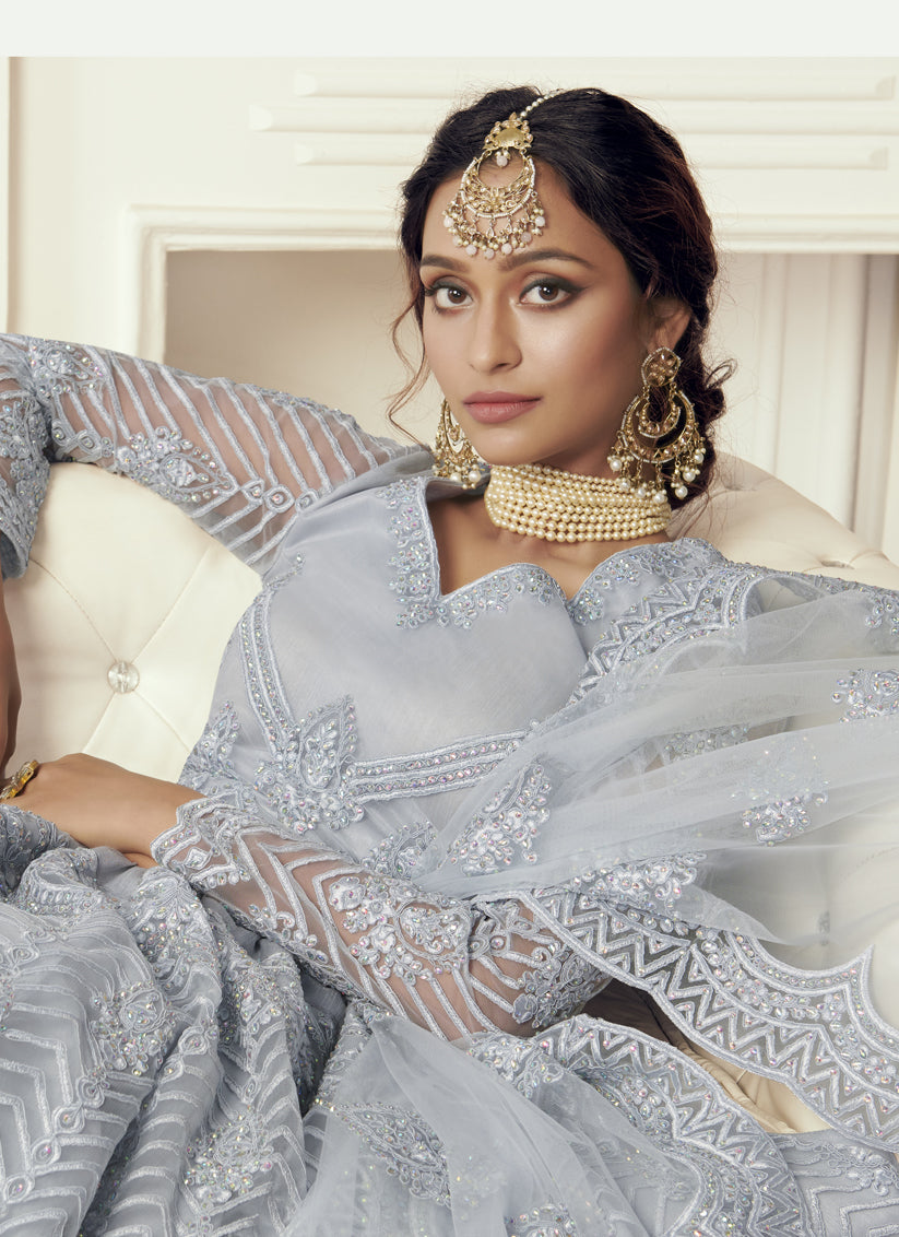 Sky Grey Net Embroidered Bridal Lehenga Choli