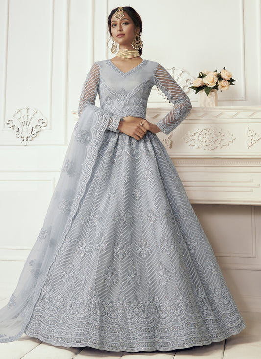 Sky Grey Net Embroidered Bridal Lehenga Choli