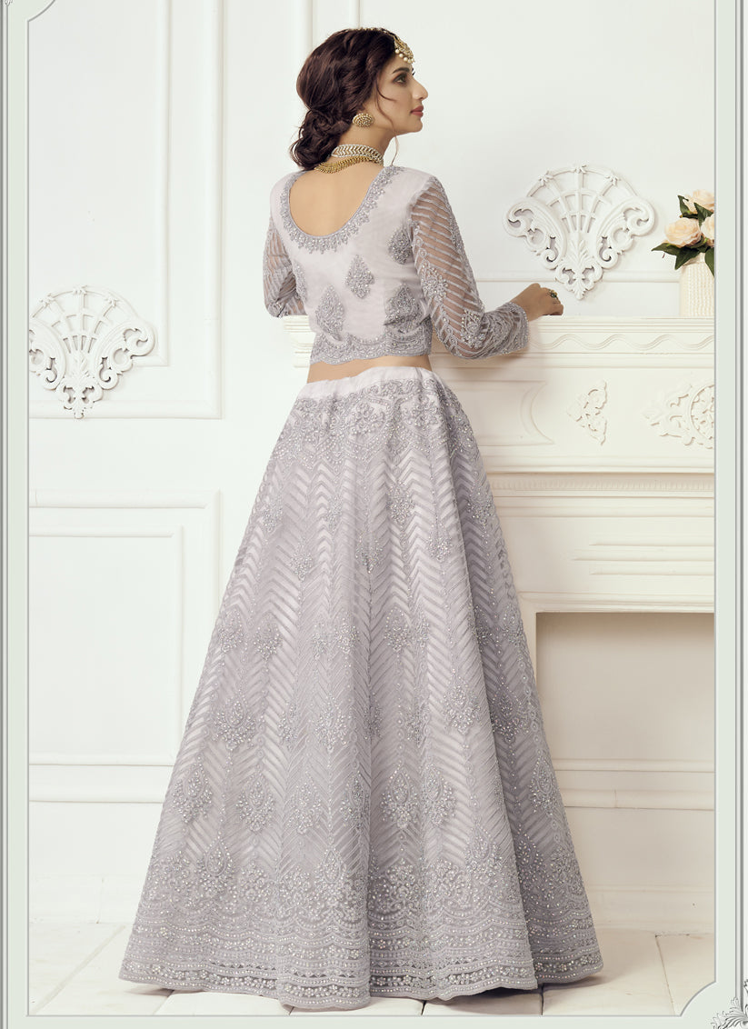 Pearl Grey Net Embroidered Bridal Lehenga Choli