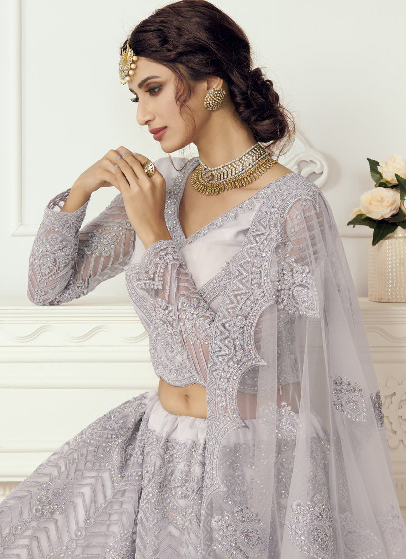 Pearl Grey Net Embroidered Bridal Lehenga Choli