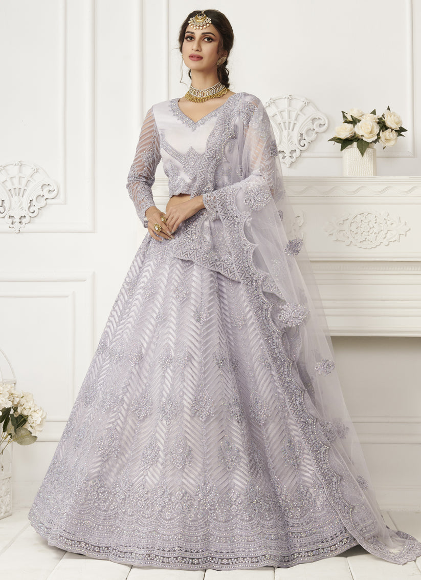 Pearl Grey Net Embroidered Bridal Lehenga Choli