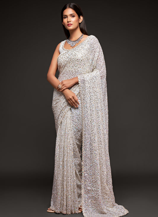 Pearl White Georgette Thread and Sequins Embroidery Saree