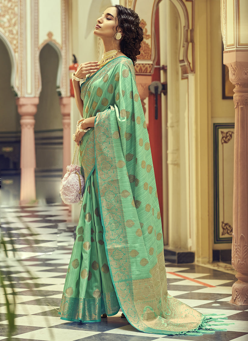 Aqua Green Tussar Silk Weaving Saree