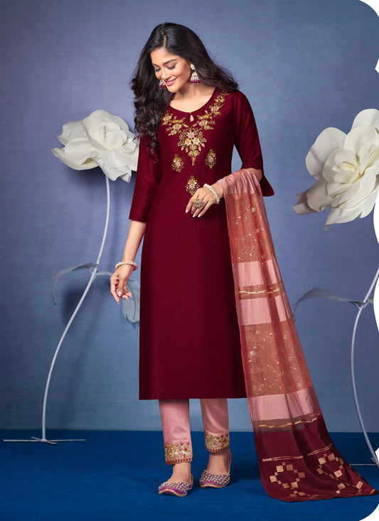 Maroon Bemberg Silk Handwork Ready Made Pant Kameez Set