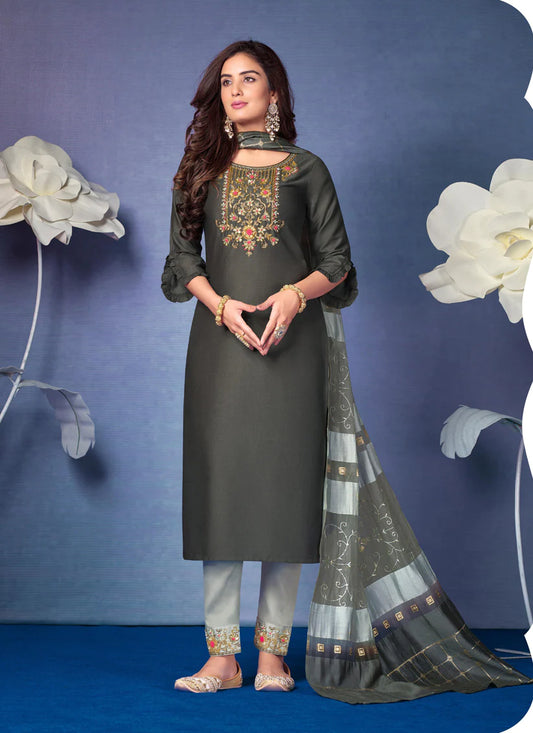 Grey Bemberg Silk Handwork Ready Made Pant Kameez Set