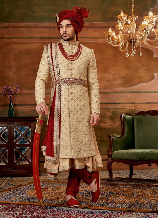 Golden Art Silk Embroidered Designer Sherwani with Stole