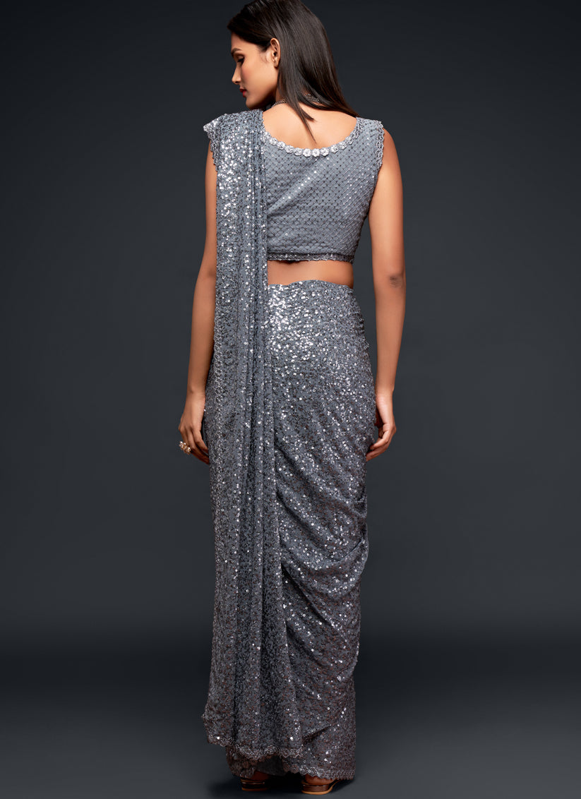 Slate Grey Georgette Thread and Sequins Embroidery Saree