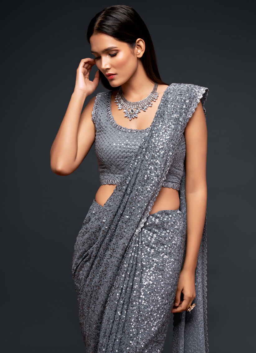 Slate Grey Georgette Thread and Sequins Embroidery Saree