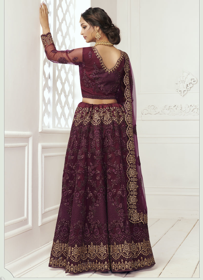 Burgundy Net Embroidered Bridal Lehenga Choli