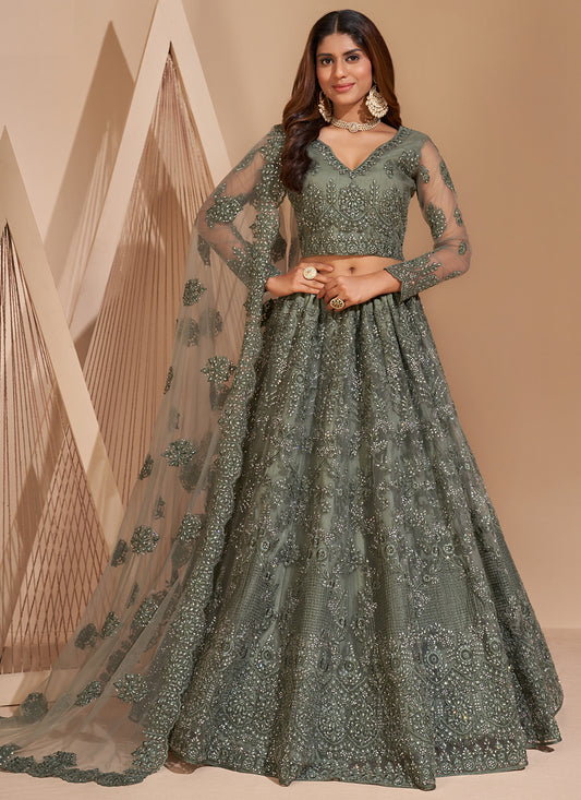 Grey Net Embroidered Bridal Lehenga Choli