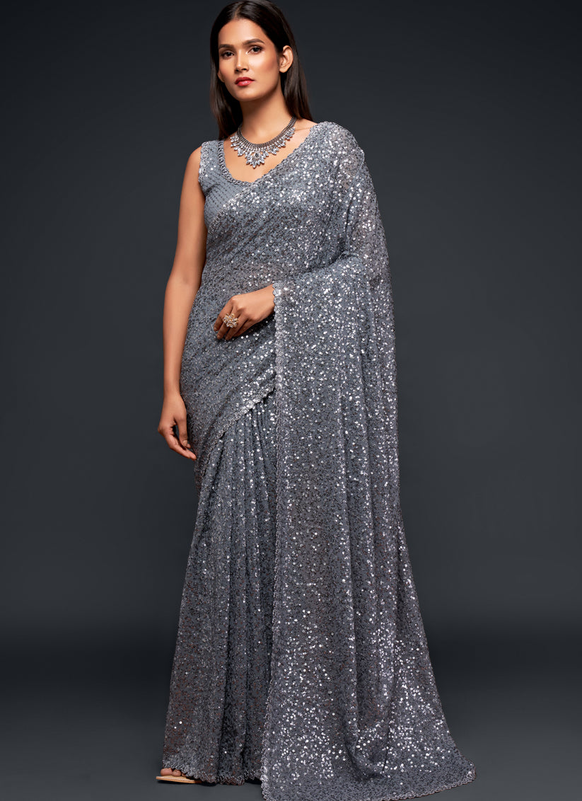 Slate Grey Georgette Thread and Sequins Embroidery Saree