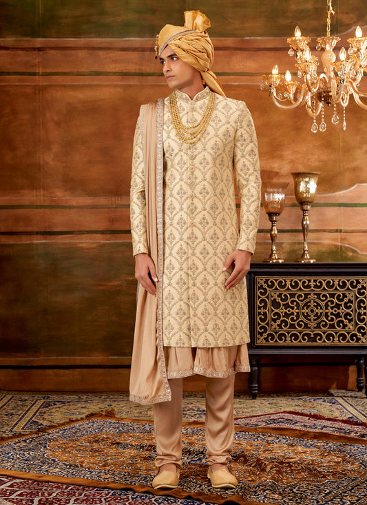 Golden Art Silk Embroidered Designer Sherwani with Stole