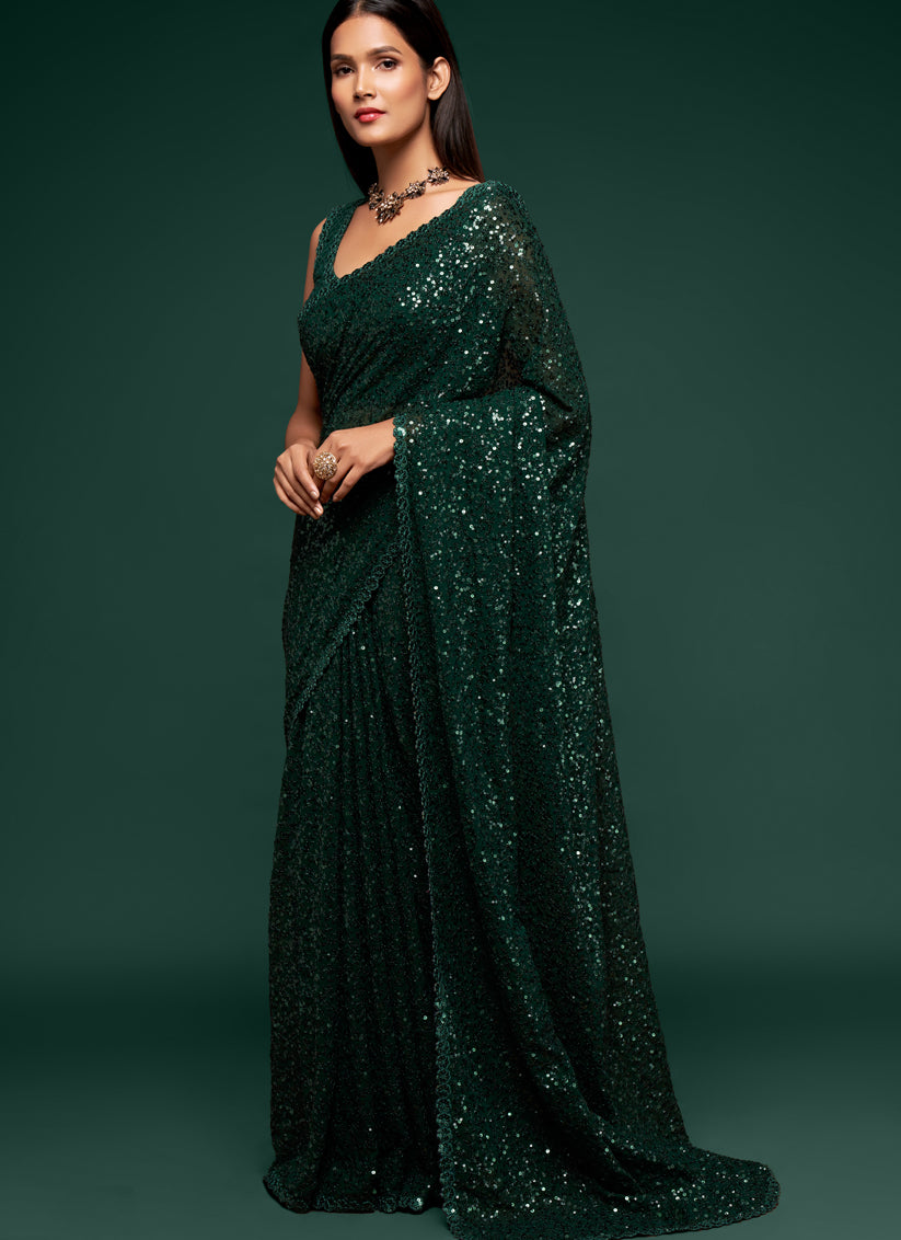 Green Georgette Thread and Sequins Embroidery Saree