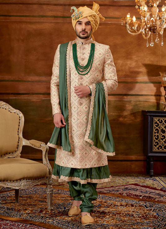 Golden Art Silk Embroidered Designer Sherwani with Stole