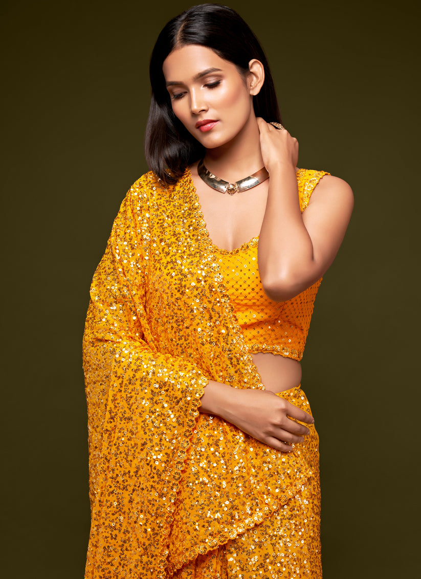 Yellow Georgette Thread and Sequins Embroidery Saree