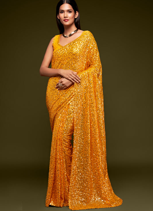 Yellow Georgette Thread and Sequins Embroidery Saree